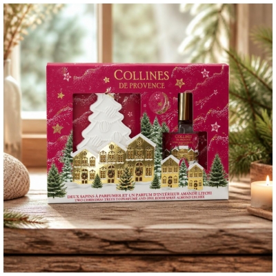 Collines de Provence Coffret Sapins à Parfumer + Parfum d'Intérieur Amande Litchi 50 ml