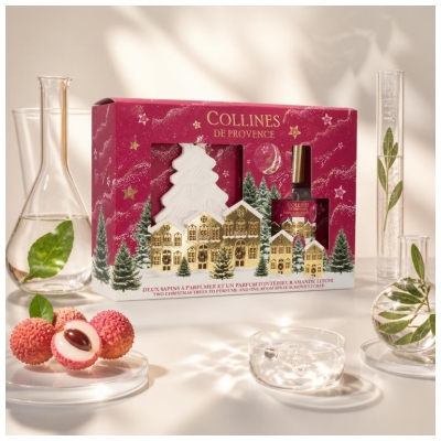 Collines de Provence Coffret Sapins à Parfumer + Parfum d'Intérieur Amande Litchi 50 ml