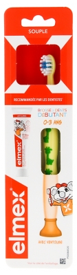 Elmex Cepillo de Dientes Suave Principiantes de 0 a 3 Años + Mini-Pasta Dental Anti-Caries 0 a 6 años - Color: Amarillo - Verde