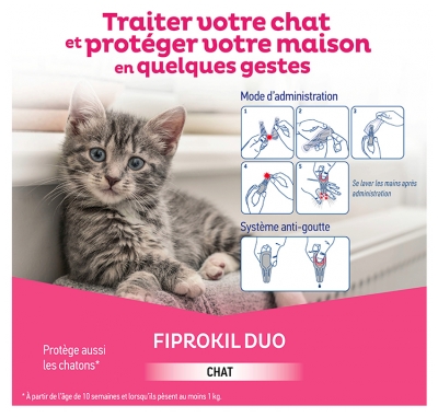 Clément Thékan Fiprokil Duo 50 mg/60 mg Antiparasitaire Chat 1 à 12 kg 2 Pipettes