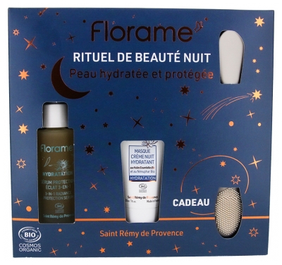 Florame Hydratační Sérum Ochrana Záře 3v1 Bio 30 ml + Hydratační Noční Krém Maska Bio 30 ml + Exfoliační Špachtle Zdarma