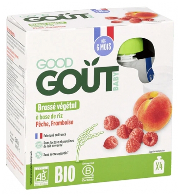 Good Goût Plantaardig Zuivelalternatief op basis van Rijst Perzik Framboos vanaf 6 maanden Bio 4 knijpzakjes van 85 g