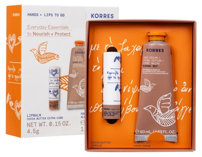 Korres Drėkinamasis Rankų Kremas Migdolų Riešutas 50 ml + Korres Skaistinančios Lūpų Lazdelės Kakavos Sviestas 4,5 g