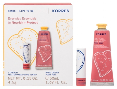 Korres Vlažilna krema za roke Pijonova vrtnica 50 ml + Korres Tonirani balzam za ustnice Sredozemsko grozdje 4,5 g