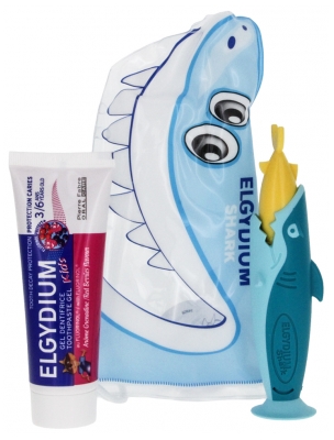 Elgydium Potovalni komplet Shark 3-6 let - Barva: Modra/rumena