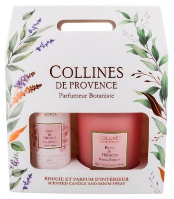 Collines de Provence Coffret Parfum d'Intérieur Duo 100 ml + Bougie Duo 180 g - Senteur : Rose & Hibiscus