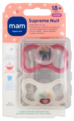 MAM 2 Sucettes Supreme Nuit 18 Mois et + - Couleur : Chat et Pomme Roses
