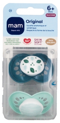 MAM 2 Chupetas Original Clássicas 6 Meses e + - Modelo: Folhas azuis e riscas verdes