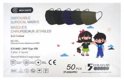 Médi-Santé Surgical Disposable Mask Children Type IIR EFB 98% 5 Dark Colors 50 Masks