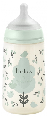 Suavinex Birdies Babyflasche Symmetrischer Sauger Mittlerer Durchfluss 270 ml 3 Monate und Mehr - Farbe: Grün