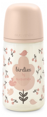 Suavinex Birdies Babyflasche Symmetrischer Sauger Mittlerer Durchfluss 270 ml 3 Monate und Mehr - Farbe: Rosa