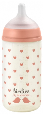 Suavinex Birdies Bottiglia in Vetro per Bambini con Capezzolo Simmetrico a Flusso Lento 240 ml da 0 Mesi in su - Colore: Rosa