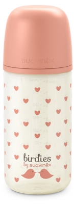 Suavinex Birdies Glasflaske Symetrisk Flaskesut Langsomt Flow 240 ml 0 Måneder og + - Farve: Rose
