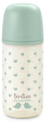 Suavinex Birdies Biberon Verre Tétine Symétrique Débit Lent 240 ml 0 Mois et + - Couleur : Vert