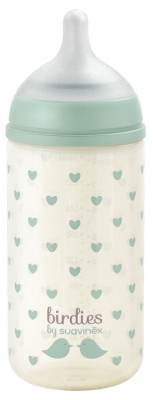 Suavinex Birdies Mamadeira de Vidro Tetina Simétrica Fluxo Lento 240 ml 0 Meses e + - Cor: Verde