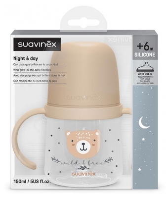 Suavinex Biberón Noche y Día con Asas Pitorro Suave 150 ml A Partir de 6 Meses - Color: Beige