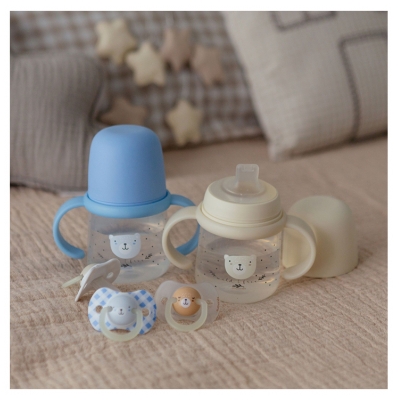 Mamadeira Night & Day Suavinex com Pegas Bico Macio 150 ml 6 Meses e + - Cor: Azul