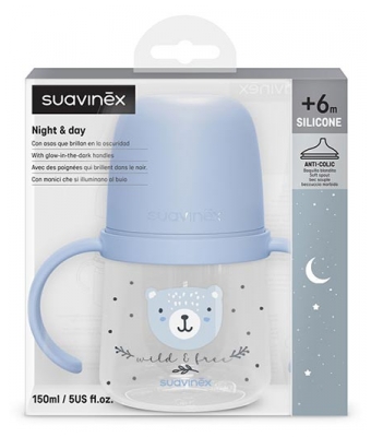 Suavinex Biberón Noche y Día con Asas Pitorro Suave 150 ml A Partir de 6 Meses - Color: Azul