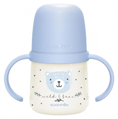 Suavinex Biberón Noche y Día con Asas Pitorro Suave 150 ml A Partir de 6 Meses - Color: Azul