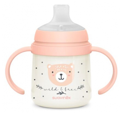 Suavinex Biberón Noche y Día con Asas Pitorro Suave 150 ml A Partir de 6 Meses - Color: Rosa