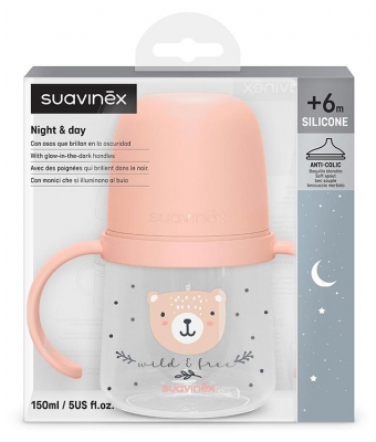 Suavinex Biberón Noche y Día con Asas Pitorro Suave 150 ml A Partir de 6 Meses - Color: Rosa