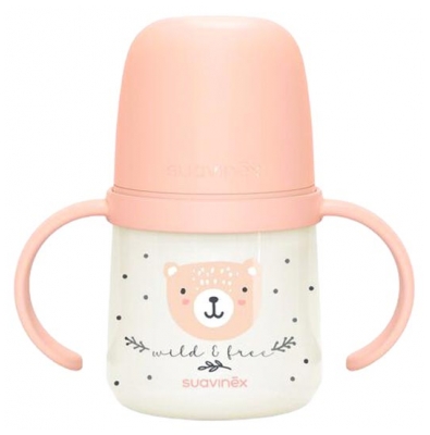 Suavinex Biberón Noche y Día con Asas Pitorro Suave 150 ml A Partir de 6 Meses - Color: Rosa