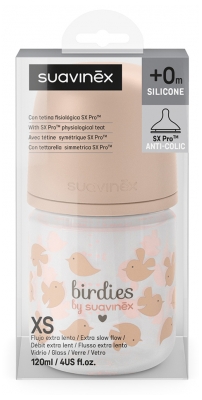Suavinex Birdies Lasinen Tuttipullo Symmetrinen Tutta Erittäin Hidas Virtaus 120 ml 0 kk+ - Väri: Rose