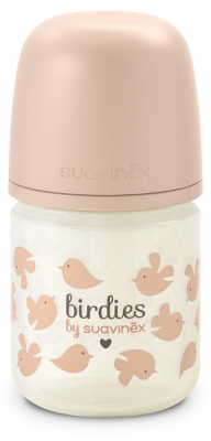 Suavinex Birdies Skleněná láhev se symetrickou savičkou a extra pomalým průtokem 120 ml 0 měsíců a více - Barva: Rose
