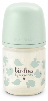 Suavinex Biberón de Cristal Birdies Tetina Simétrica Flujo Extra Lento 120 ml 0 Meses y Más - Color: Verde