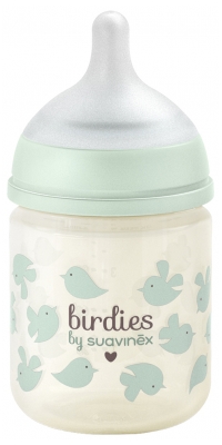 Suavinex Birdies Biberon Verre Tétine Symétrique Débit Extra Lent 120 ml 0 Mois et + - Couleur : Vert