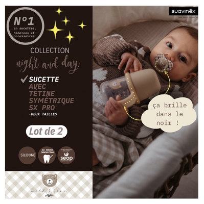 Suavinex Night & Day 2 Sucettes avec Tétines Symétriques SX Pro 6 à 18 Mois - Couleur : Bleu
