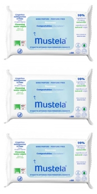 Mustela Composteerbare Reinigingsdoekjes Zonder Parfum Set van 3 x 60 doekjes