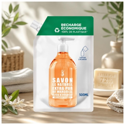 Mýdlo Le Naturel Extra Pur de Marseille Květ pomerančovníku Náhradní náplň 500 ml