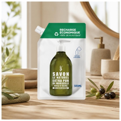 Marseillské mýdlo Le Naturel Extra Pur s olivovým olejem, náplň 500 ml