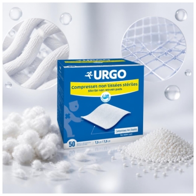 Urgo sterilios 7,5 x 7,5 cm servetėlės, 50 vnt. po 2 neaustinių servetėlių pakuotėje