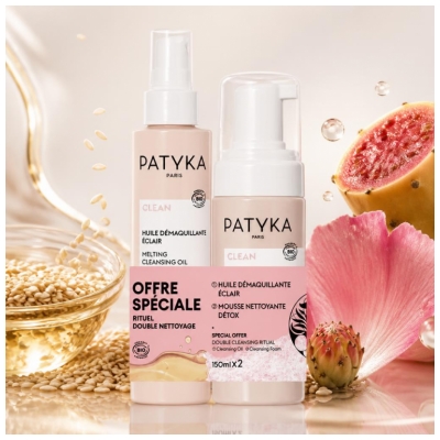 PATYKA Clean Ekologiškas Šviesinantis Makiažo Valymo Aliejus 150 ml + Ekologiška Detoksikuojanti Valomoji Putė 150 ml Specialus Pasiūlymas
