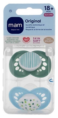 MAM 2 Soothers Original Classic 18 Months and up - Model: Green Stripes and Blue Dots
