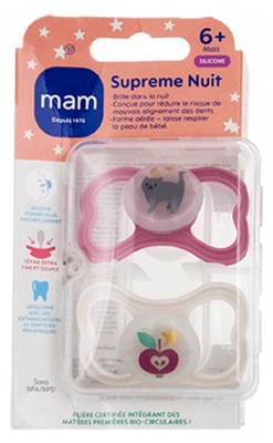 MAM 2 Sucettes Supreme Nuit 6 Mois et + - Couleur : Chat Rose et Pomme Beige