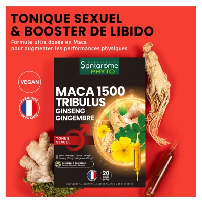 Santarome Maca 1500 Tribulus Ginseng Gingembre 20 Ampoules