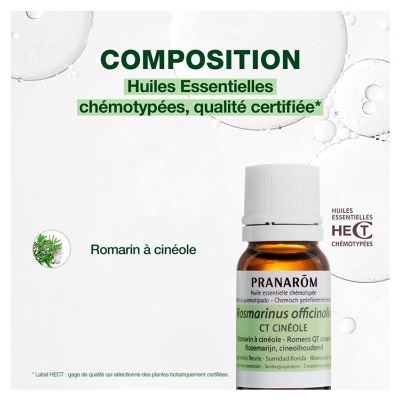 Pranarôm Huile Essentielle Romarin à Cinéole (Rosmarinus officinalis CT cinéole) 10 ml