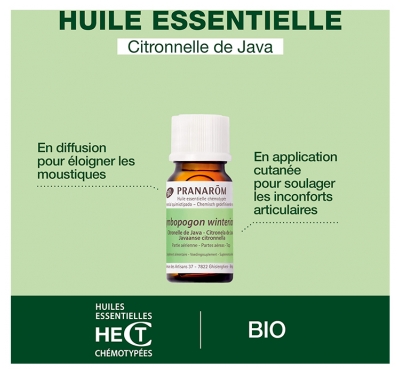 Pranarôm Huile Essentielle Citronnelle de Java (Cymbopogon winterianus) Bio 10 ml