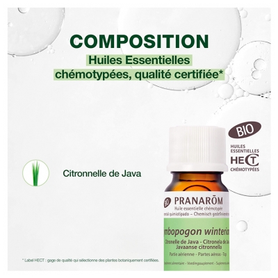 Pranarôm Huile Essentielle Citronnelle de Java (Cymbopogon winterianus) Bio 10 ml