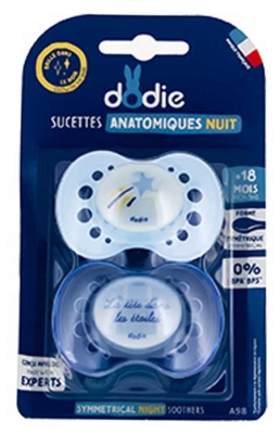 Dodie 2 Sucettes Anatomiques Nuit 18 Mois et + - Modèle : Étoile Filante et La Tête dans les Étoiles