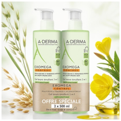 A-DERMA Exomega Control 2-i-1 Emollient Tvättgel Anti-Klåda Set med 2 x 500 ml