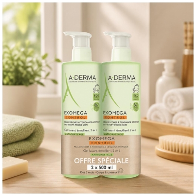 A-DERMA Exomega Control Gel Lavant Émollient 2en1 Anti-Grattage Lot de 2 x 500 ml