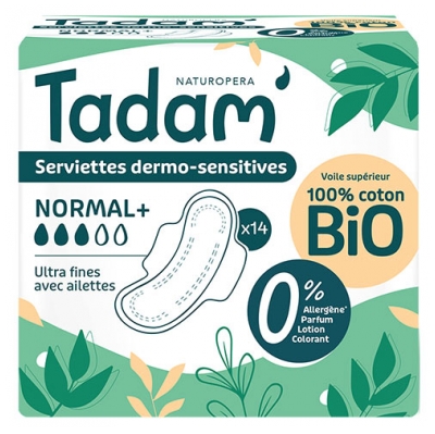 Tadam' Toallitas Dermo-Sensibilizantes Ultra-Finas con Alas Normal+ 14 Toallitas