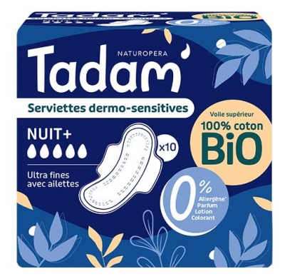 Tadam' Dermo-Sensitieve Ultra Dunne Maandverbanden met Vleugels Nacht+ 10 Stuks