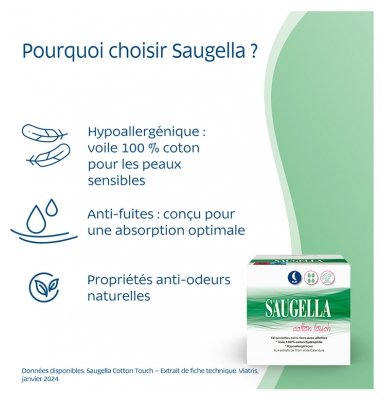 Saugella Cotton Touch Nuit Lot de 2 x 12 Serviettes Extra-Fines avec Ailettes