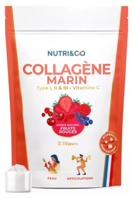 Nutri& Co Colágeno Marino Tipo I, II y III Vitamina C 180 g - Sabor: Frutos Rojos