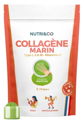Nutri& Co Colágeno Marino Tipo I, II y III Vitamina C 180 g - Sabor: Matcha en polvo